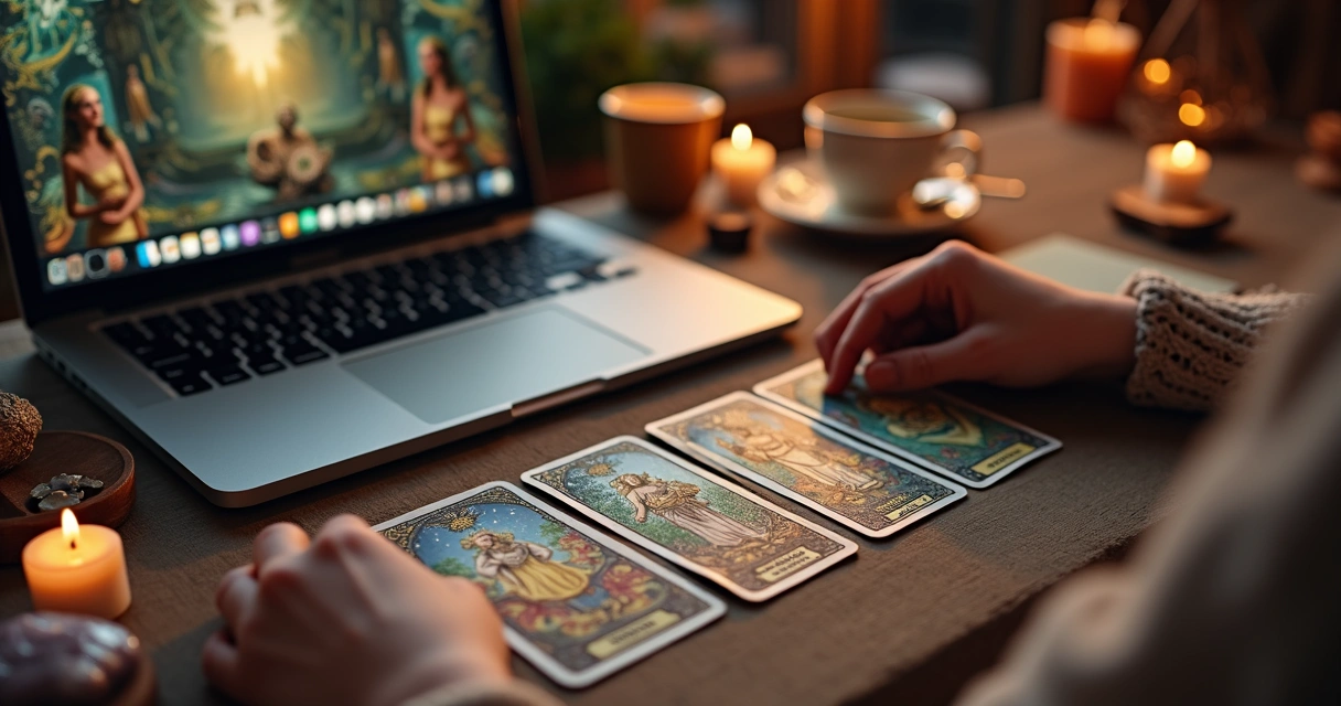 Tela de consulta de tarot online com cartas e mãos femininas 
