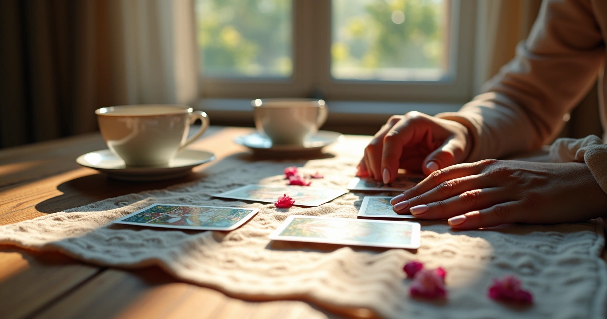 Cartas de tarot sobre uma mesa, mãos femininas embaralham as cartas 