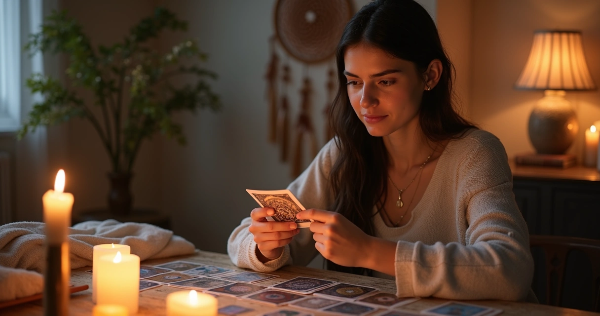 Mulher segurando carta de tarot com olhar reflexivo 