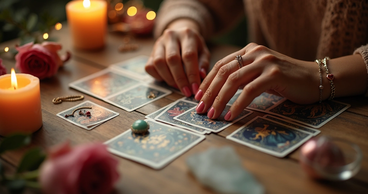 Mesa com cartas de tarot abertas e mãos femininas realizando leitura 