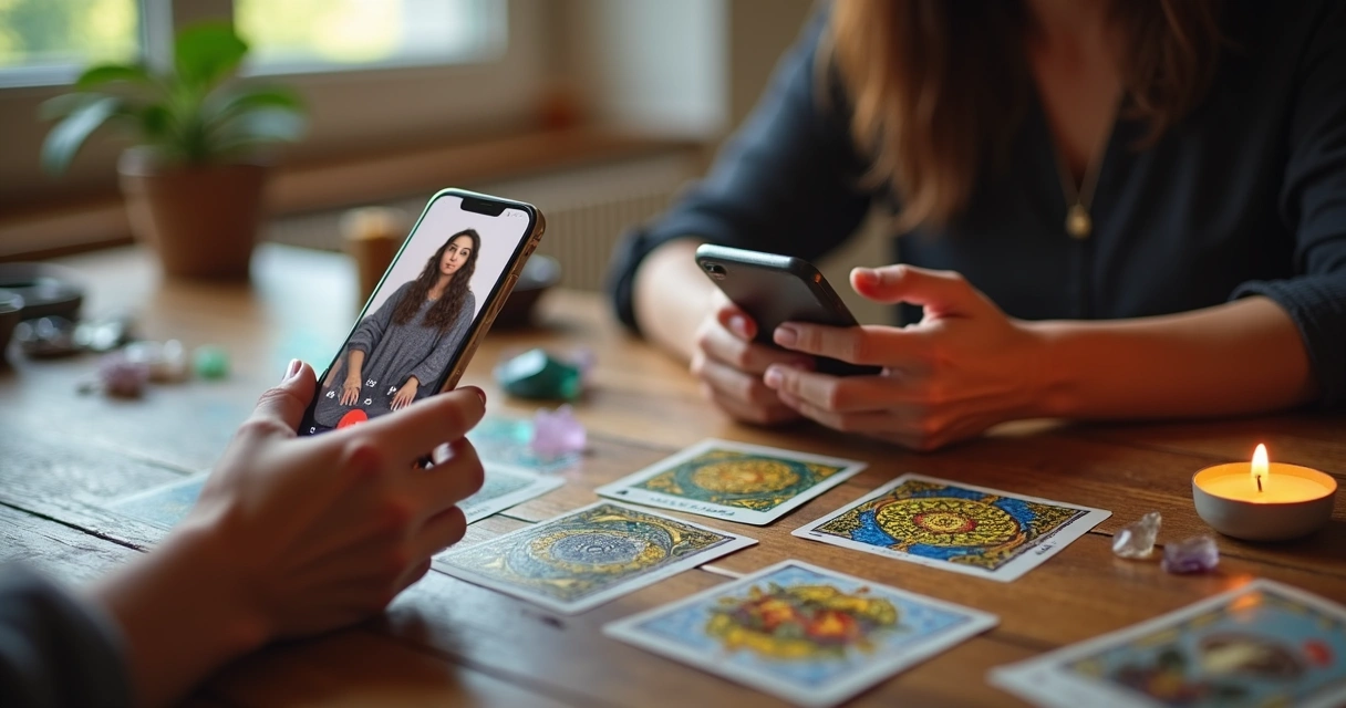 Consulta de tarot por celular com cartas e cristais em mesa de madeira clara 