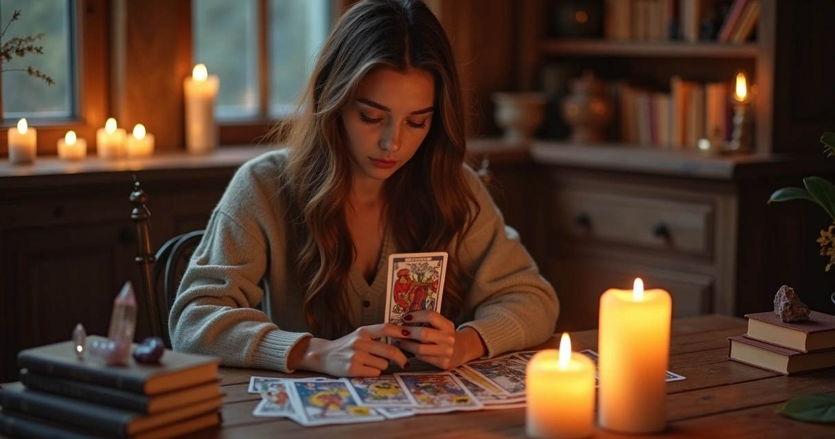 Pessoa olhando para cartas de tarot com expressão de reflexão, à luz de velas 