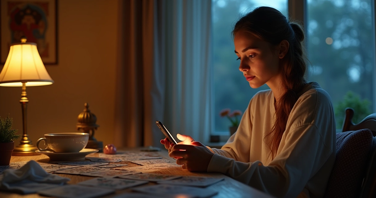 Mulher digitando pergunta para tarot no celular 