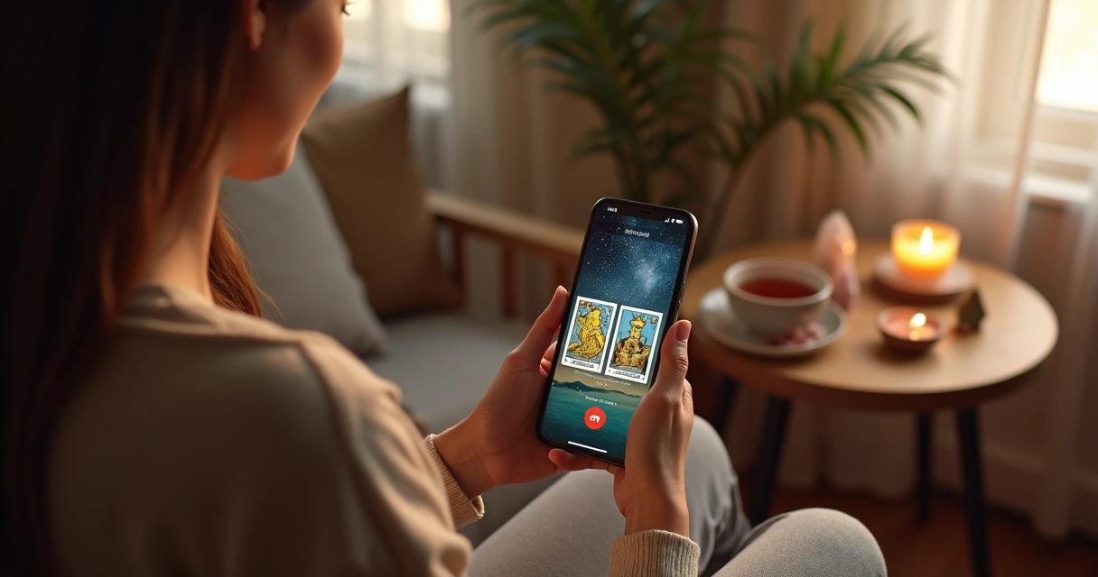Mulher consultando tarot pelo celular em ambiente aconchegante 
