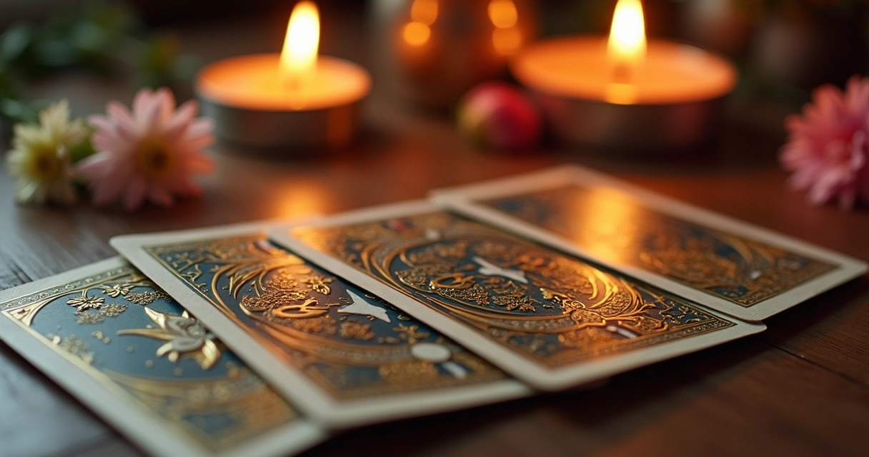 Mesa de tarot com cartas viradas, velas acesas e flores ao fundo.
