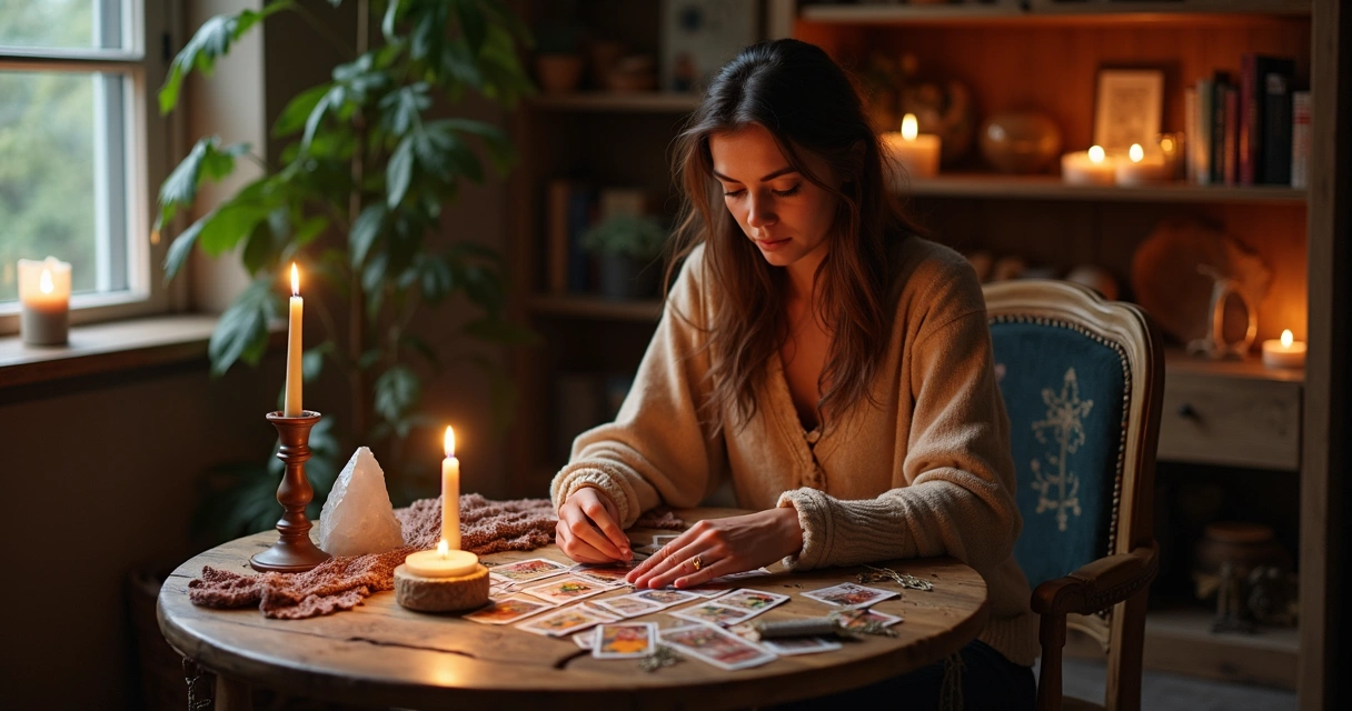 Taróloga embaralhando cartas de tarot em uma mesa com vela acesa 
