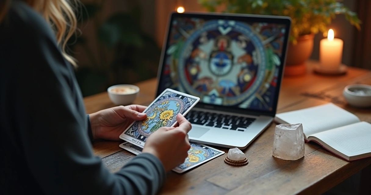 Consultora de tarô mostrando cartas durante videochamada no notebook 