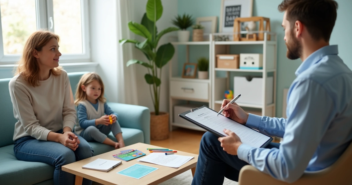 Psicólogo conversando com criança e mãe durante avaliação de TDAH em consultório 