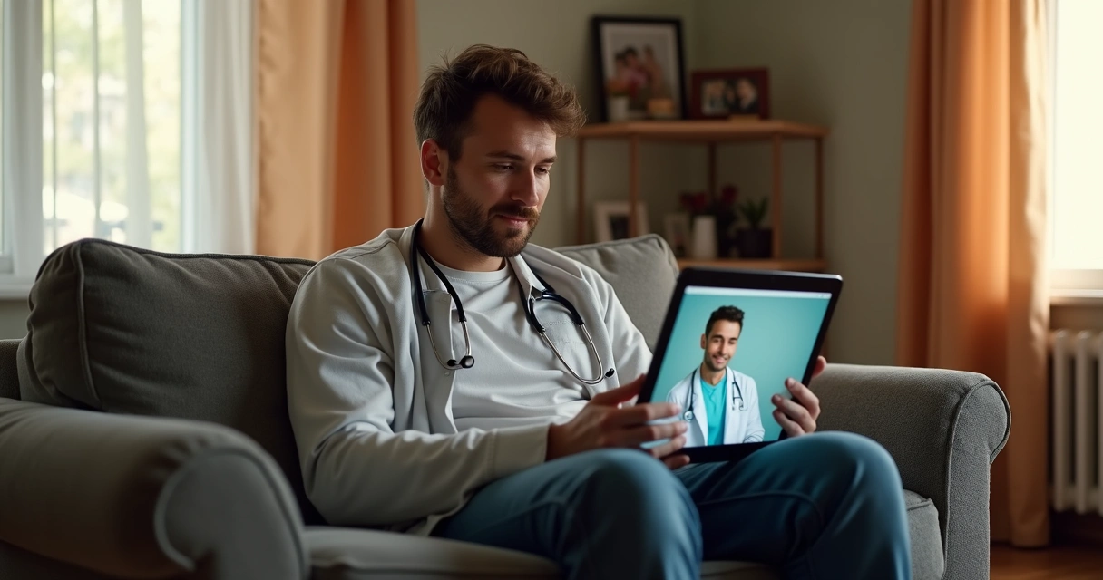 Homem consultando médico por videochamada em casa simples