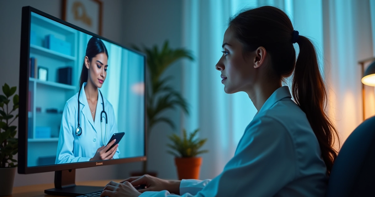 Pessoa em casa fazendo consulta médica por telemedicina no computador 