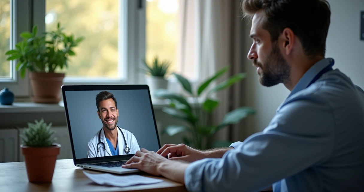 Paciente em casa realizando consulta de telemedicina com médica por videochamada em laptop 