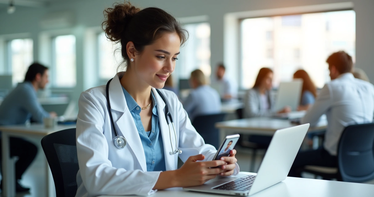 Funcionária usando celular para consulta de telemedicina ao lado de colegas no escritório