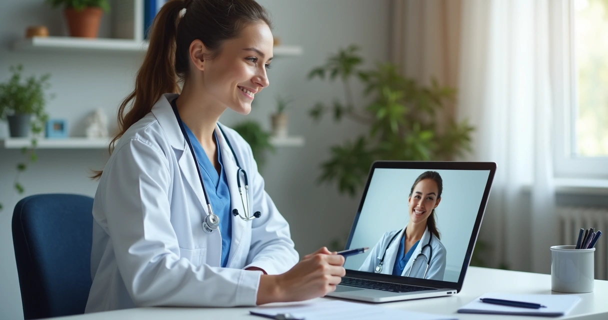 Médica olhando para a câmera em chamada de vídeo, computador sobre mesa com caderno e caneta 