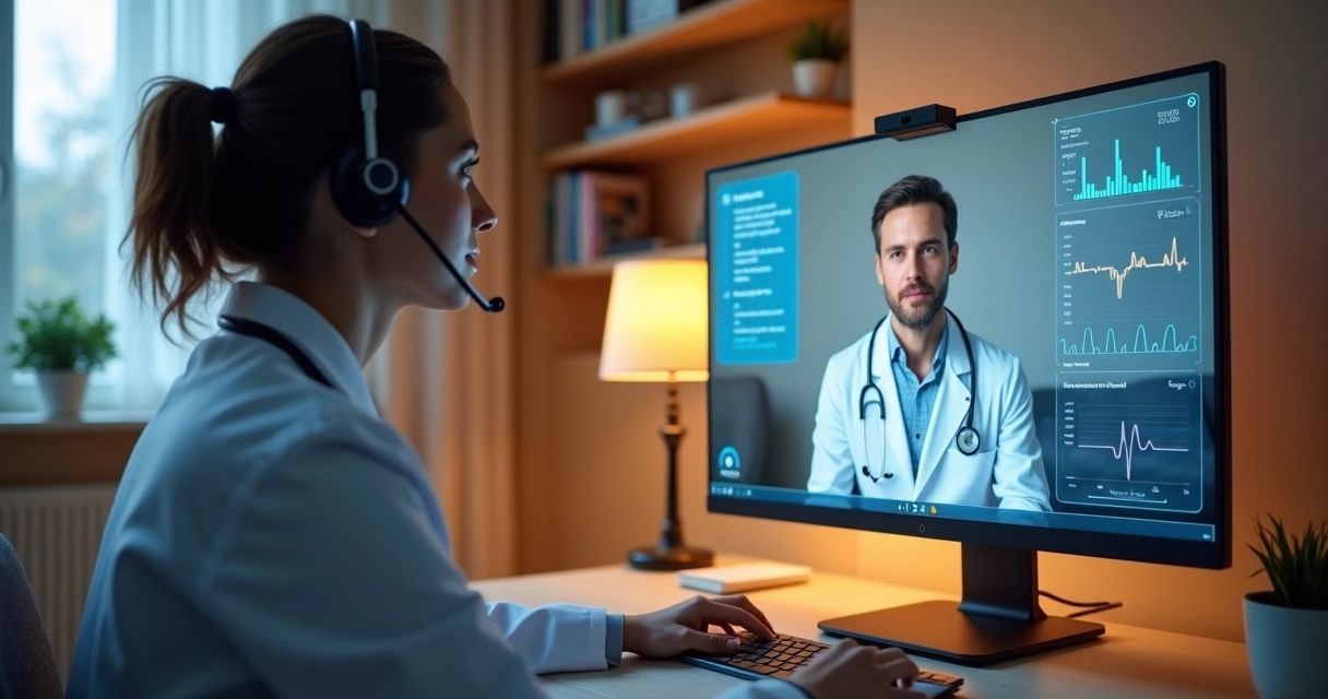 Médica em telemedicina atendendo paciente por videochamada com painel de IA ao fundo 