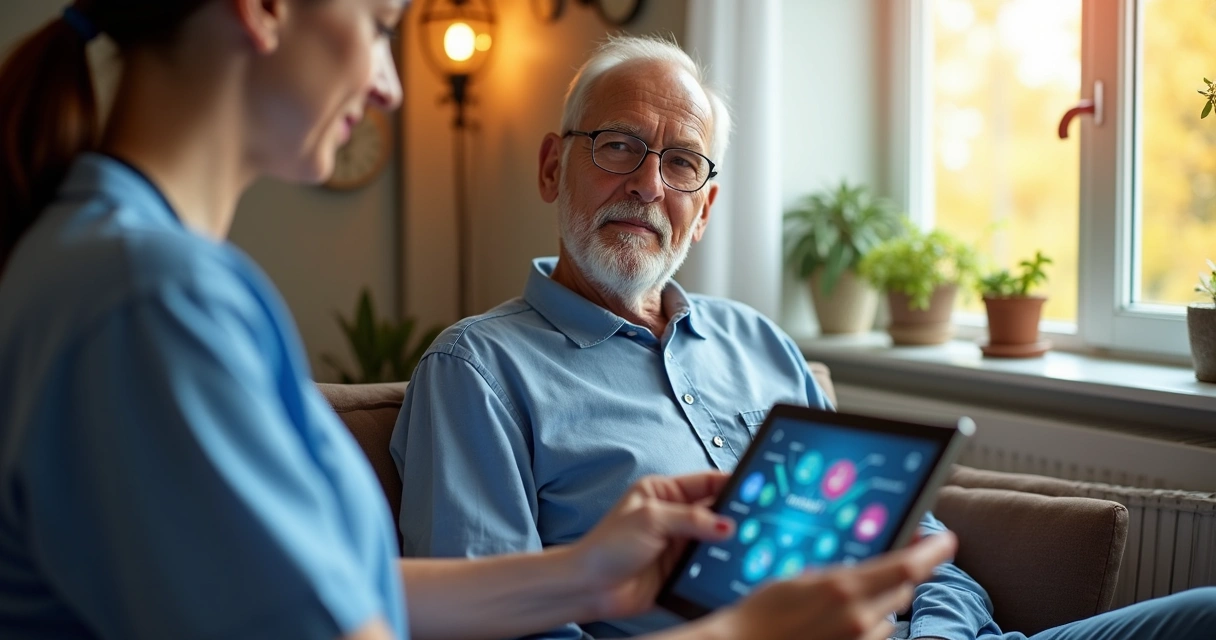 Idoso recebendo consulta de telemedicina em casa com tablet