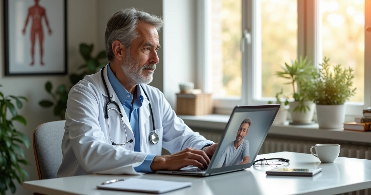 Médico oncologista realizando consulta por telemedicina em laptop para paciente adulto em ambiente acolhedor 