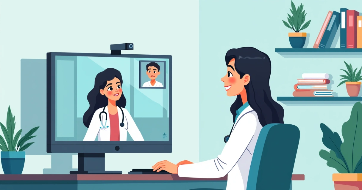 Médico atendendo paciente via chamada de vídeo em consultório moderno, com computador e ambiente organizado