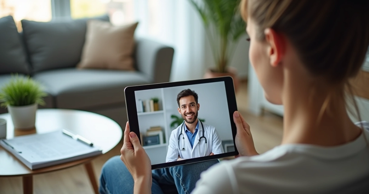 Paciente utilizando telemedicina em consulta médica online pelo tablet em ambiente doméstico iluminado 