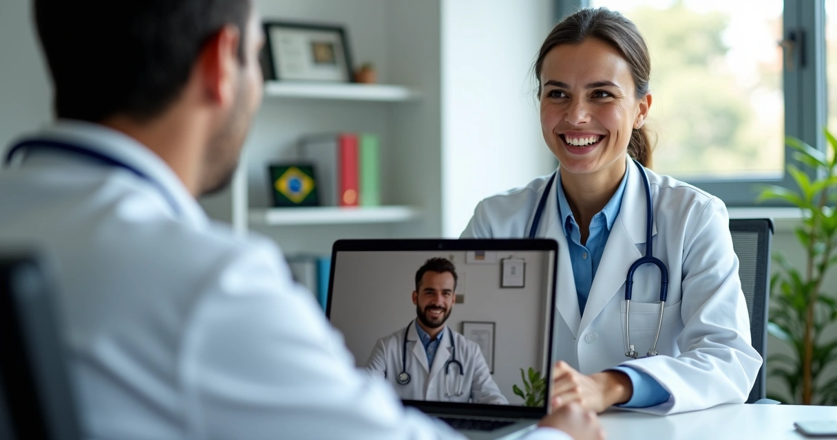 Médico em frente ao laptop durante chamada de vídeo com paciente