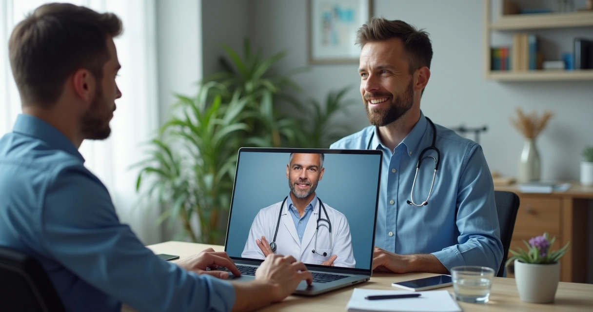Consulta de telemedicina com médico e paciente em videochamada