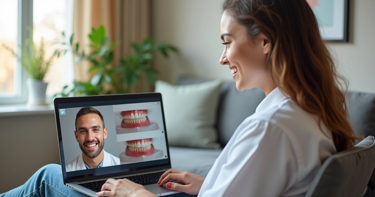 Paciente em casa em videoconferência com dentista no consultório 