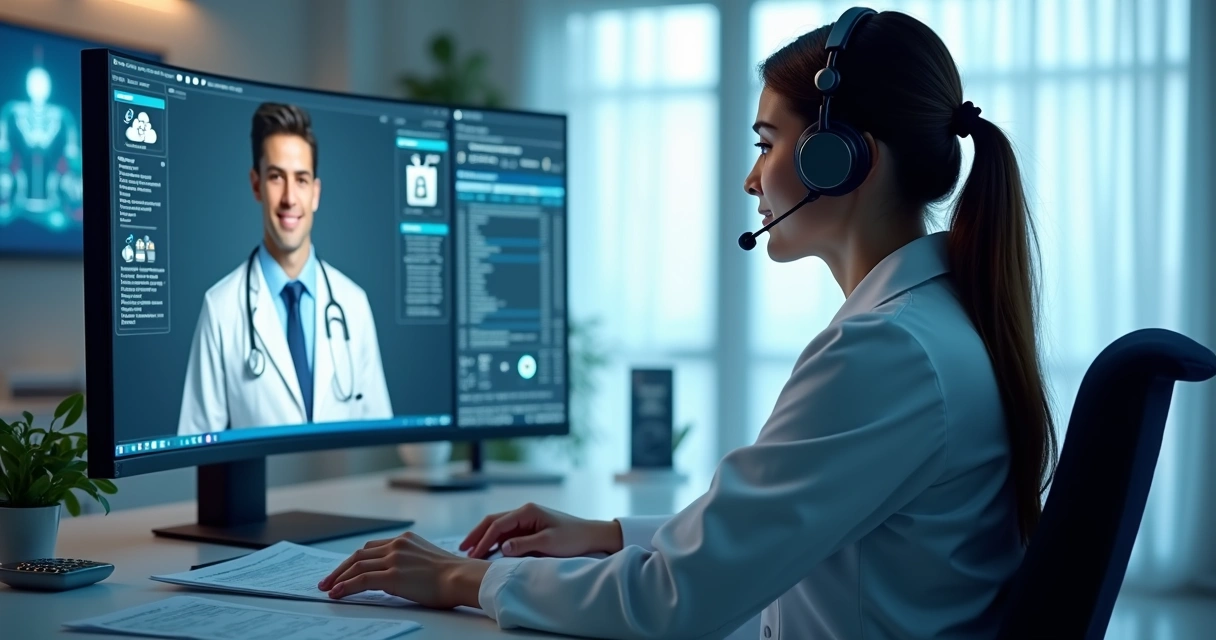 Médica atende paciente por videoconferência em clínica moderna 