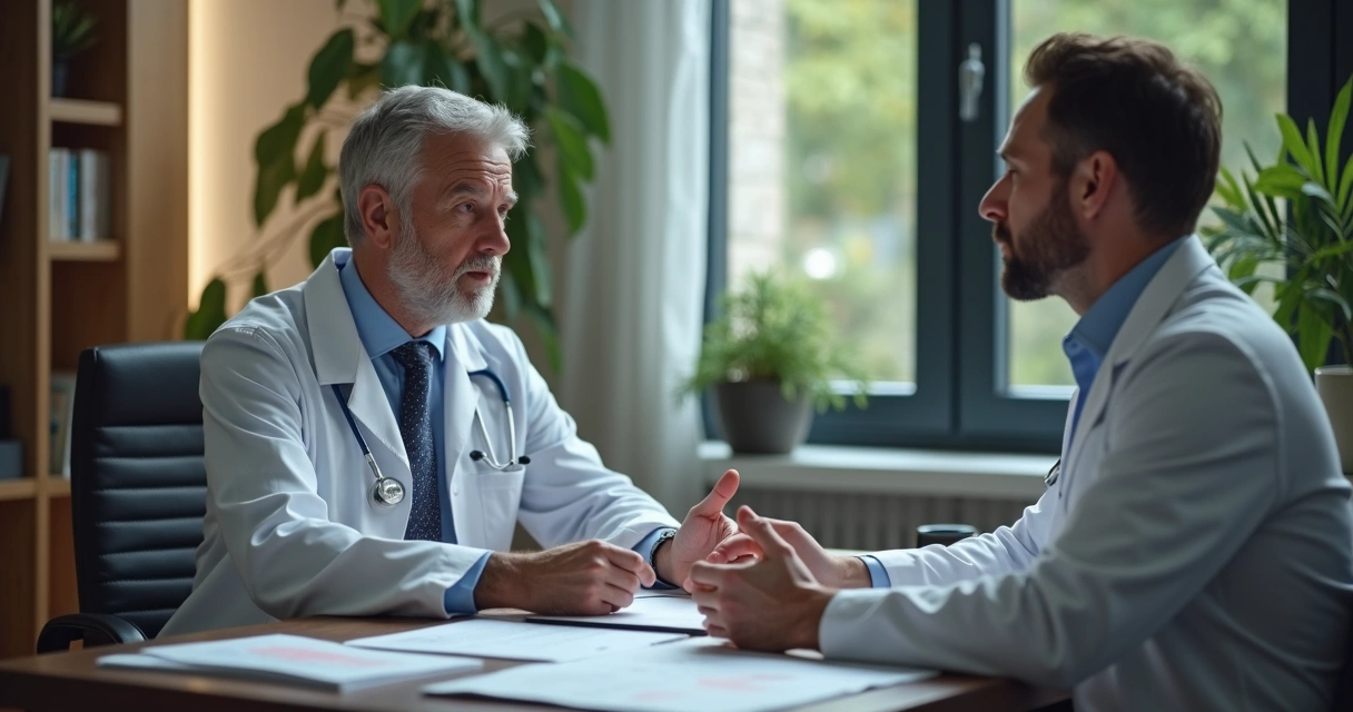Homem de meia-idade conversando com médico em ambiente discreto, ambos atentos, papéis na mesa. 