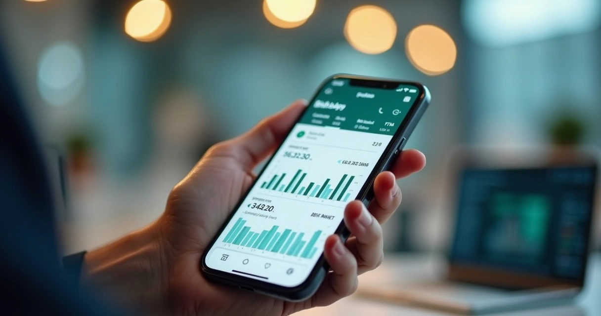 Pessoa verificando indicadores financeiros no celular com WhatsApp