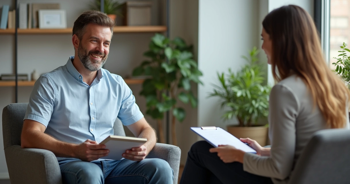 Homem em sessão com terapeuta escutando atentamente 