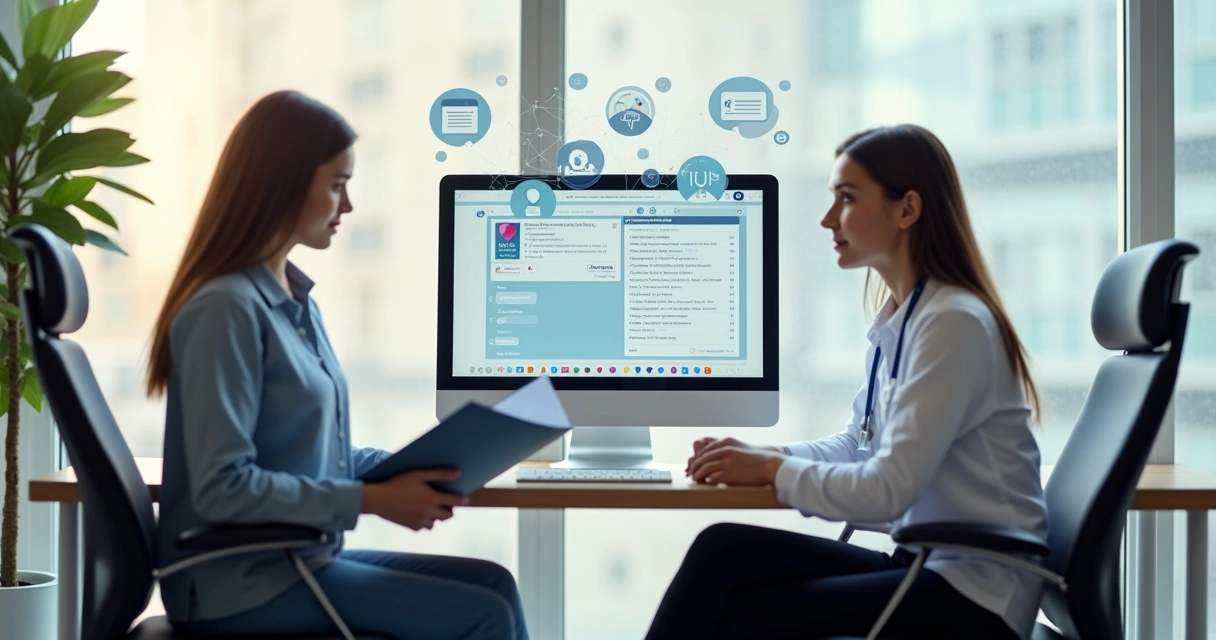 Terapeuta registra consulta em prontuário digital em clínica moderna 