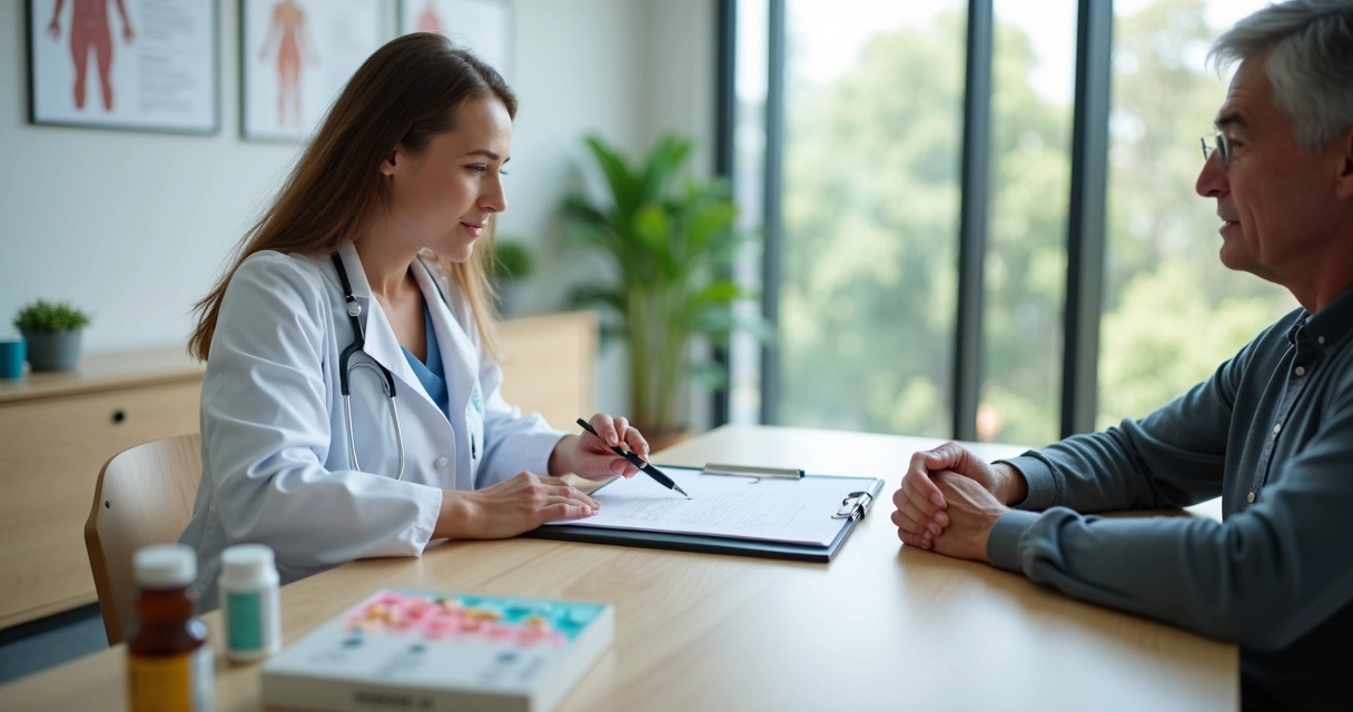Profissional de saúde mostrando plano de suplementos e terapia hormonal para paciente adulta em consultório 