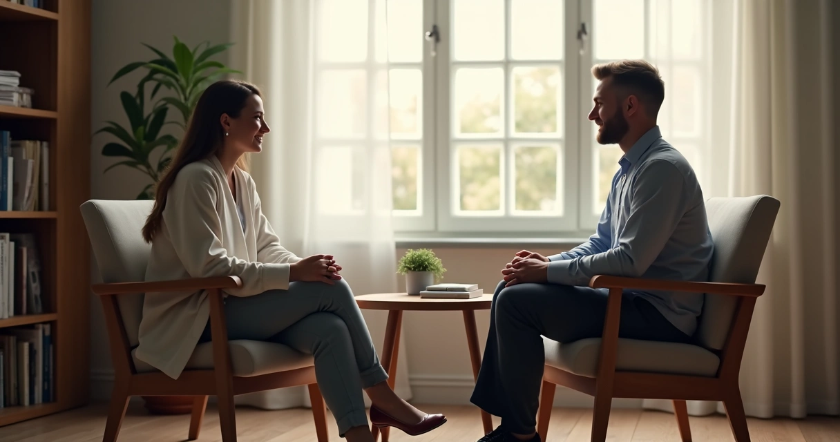 Sala de terapia com dois adultos sentados em poltronas, conversando de forma tranquila
