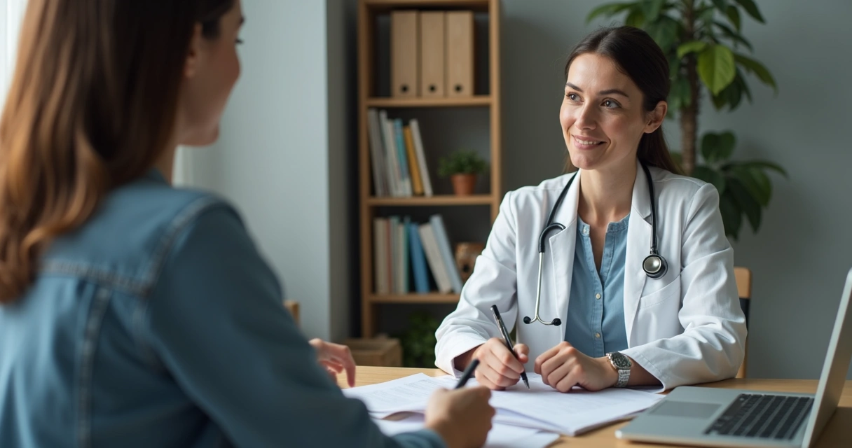 Sessão de terapia online com terapeuta e paciente conversando por videochamada, fundo neutro, computador na mesa 