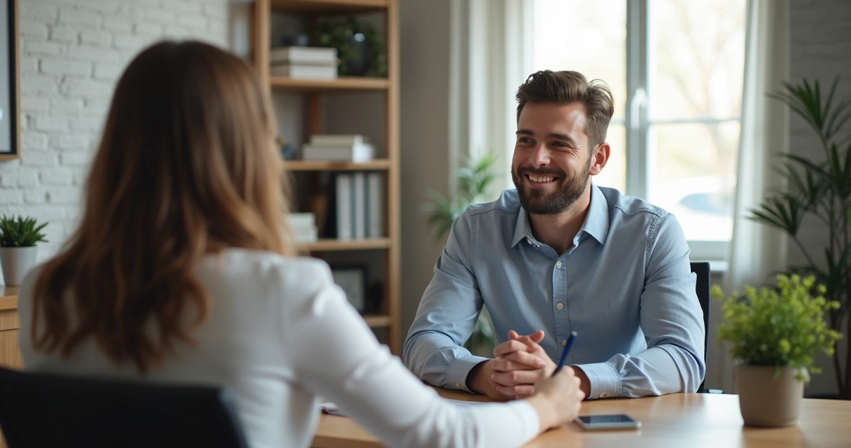 Terapeuta conversando com homem jovem sentado à frente, cenário com caderno de anotações e decoração neutra 