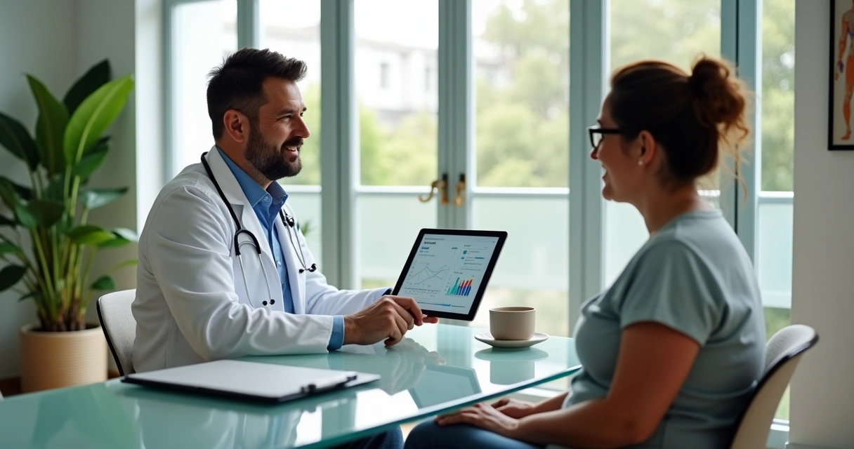 Médico mostra em tablet o plano de tratamento com tirzepatida a paciente em consultório moderno 