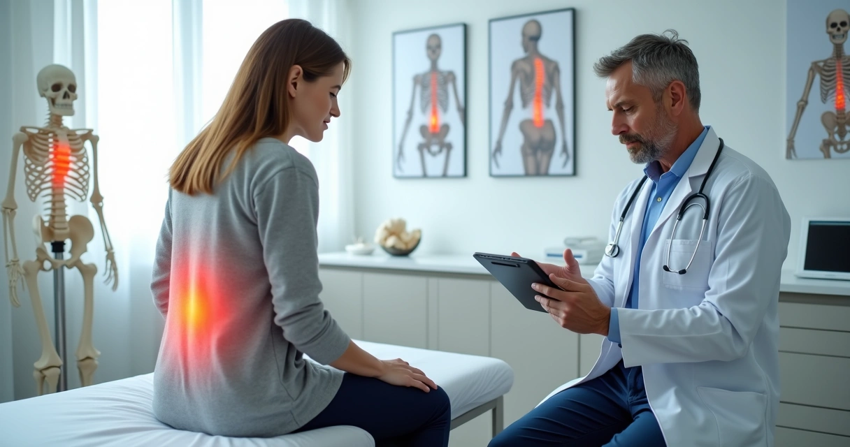 Ortopedista avaliando paciente com dor crônica no joelho em consultório moderno 