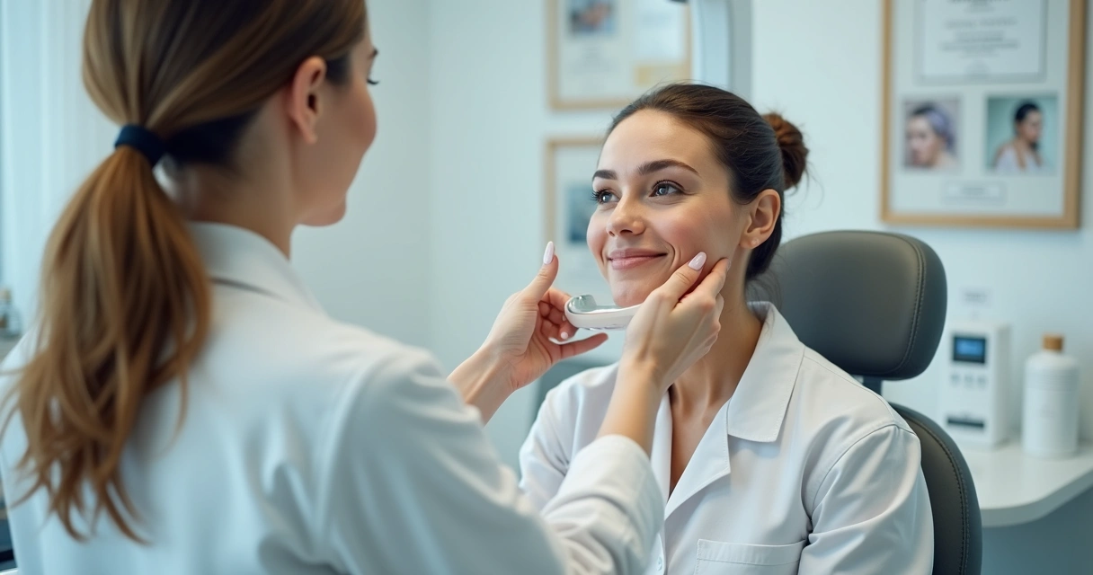Profissional médica examinando rosto de paciente em clínica estética 