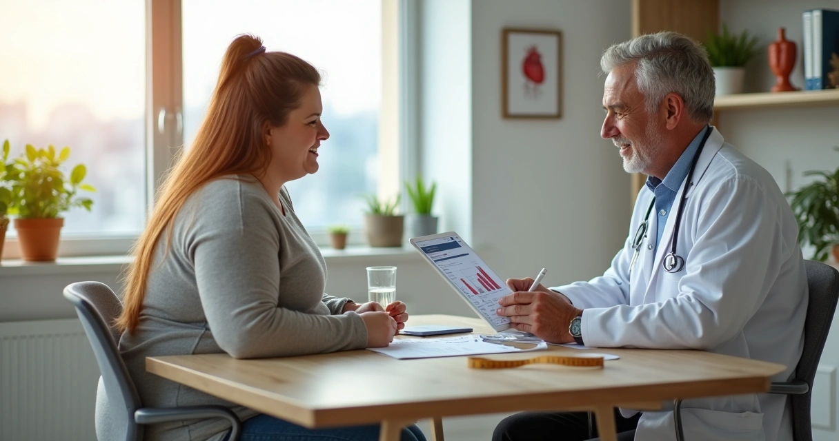 Paciente acima do peso conversando com médico em consulta sobre tratamento da obesidade 