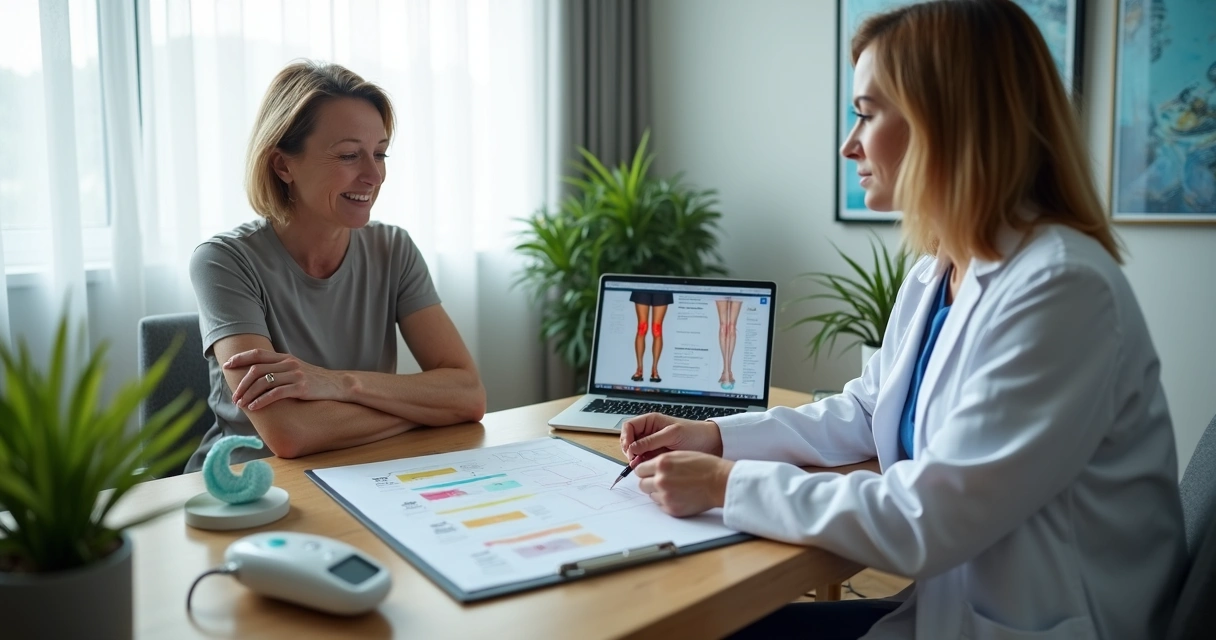 Paciente em consultório analisando orçamento de tratamento de varizes com médica vascular 