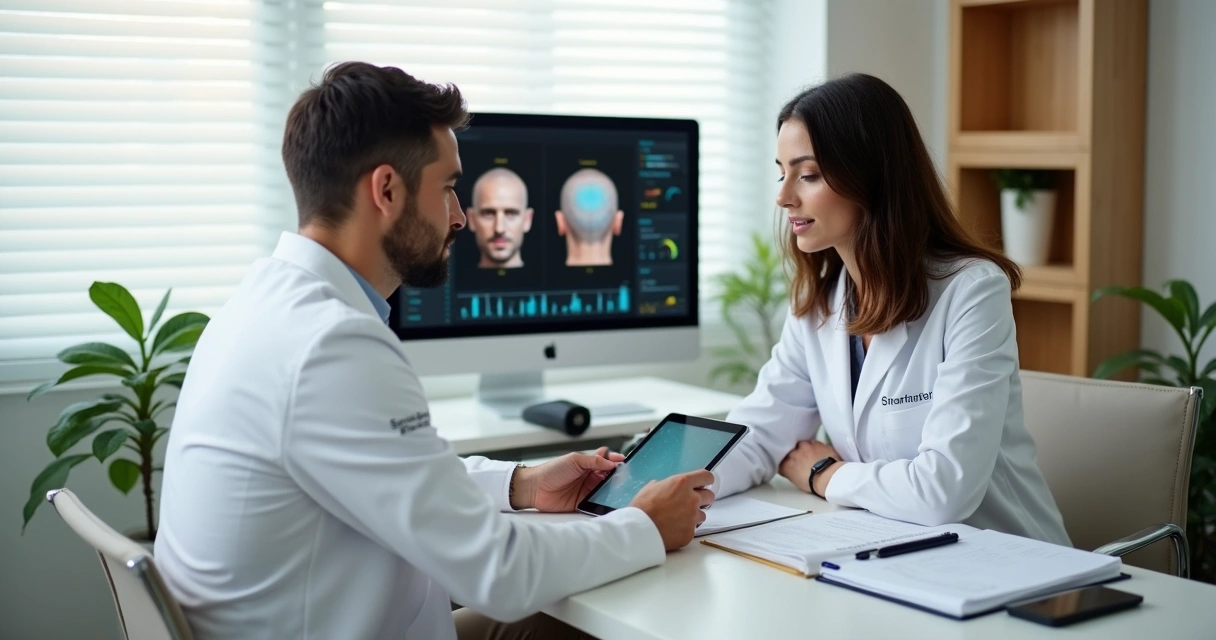 Paciente analisando resultados de exames capilares com tricologista em consultório moderno 