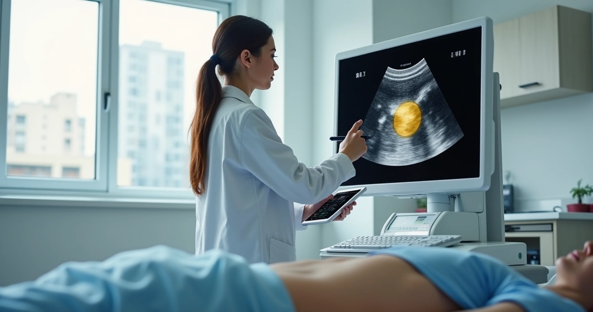 Médica analisando ultrassom abdominal de paciente em monitor moderno 