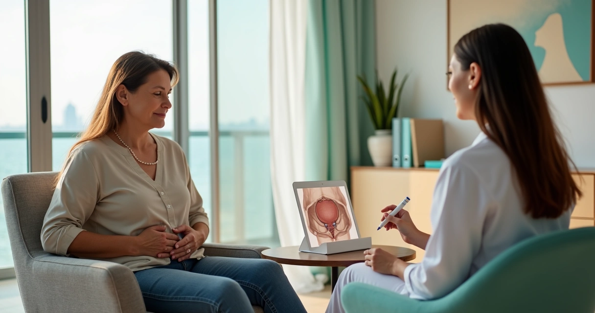 Mulher conversando com médica uroginecologista em consultório moderno em Salvador 