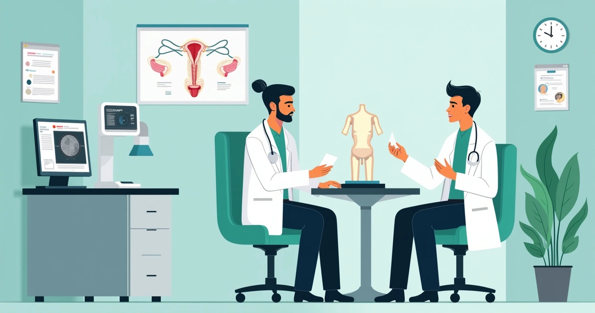 Consulta médica em urologia mostrando médico e paciente em um consultório acolhedor com materiais educativos.