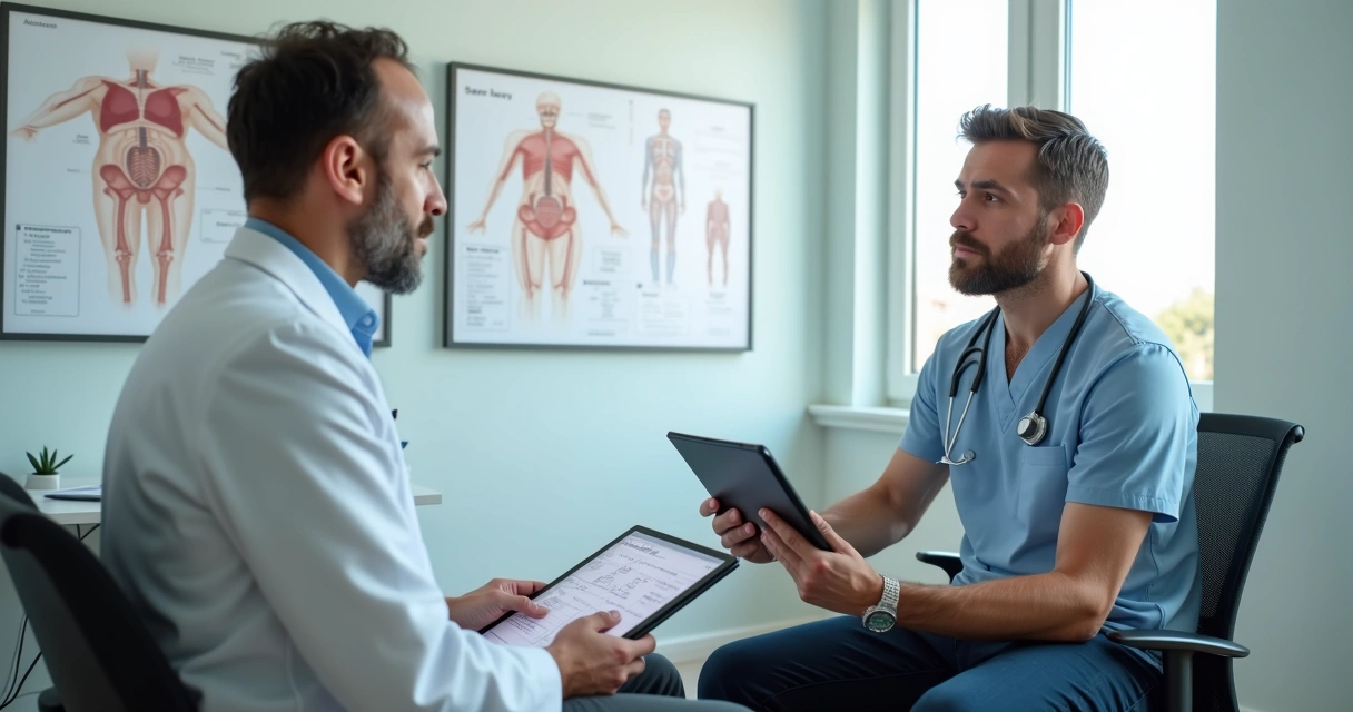 Consulta urológica com médico explicando exames ao paciente 