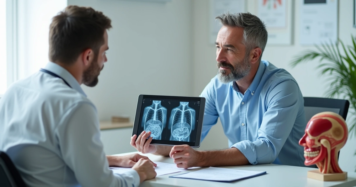 Médico urologista explicando exames de próstata ao paciente em consultório 