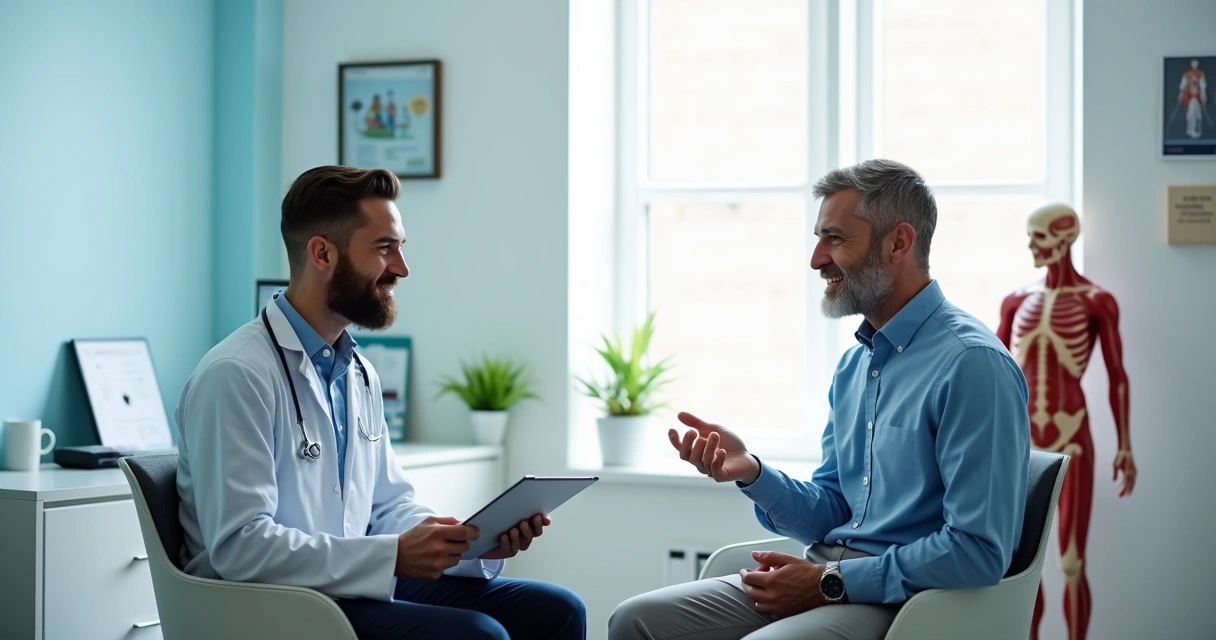 Médico conversando com paciente em consulta urológica em ambiente acolhedor 