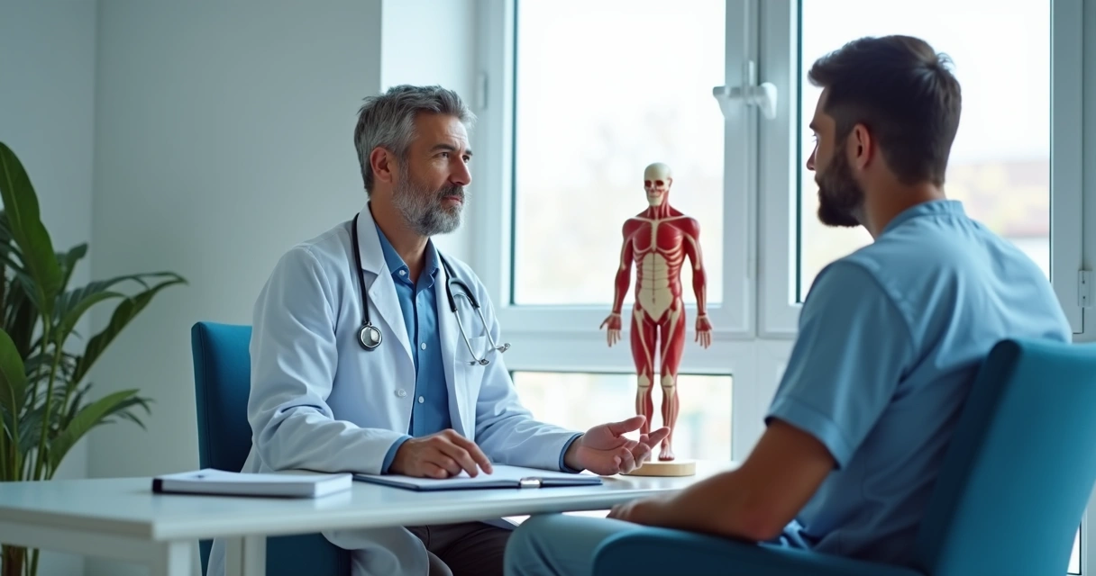 Médico conversando com paciente em consultório 