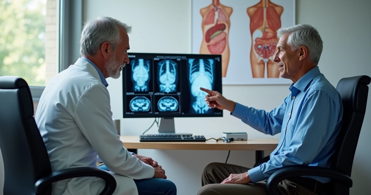Urologista conversa com paciente e mostra exames em consultório moderno 