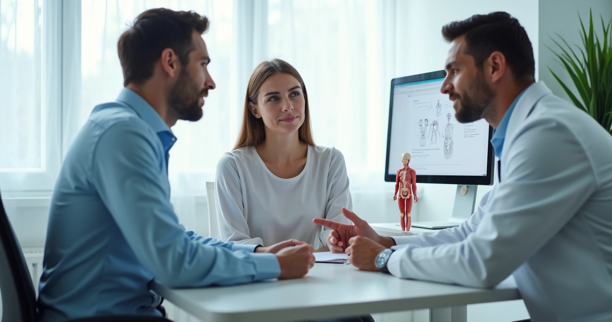 Médico urologista conversando com casal em consultório