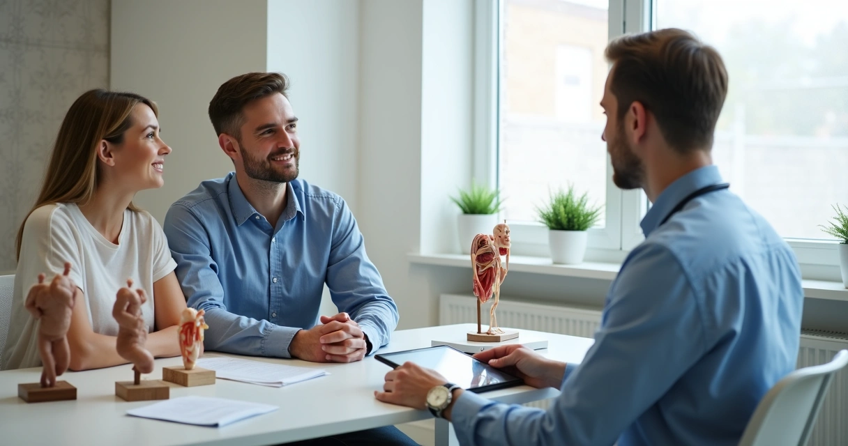 Consulta urológica com médico e casal conversando em consultório 